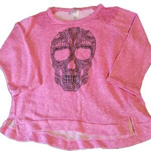 Hot Pink Heather Cropped Lace Skull Sweatshirt - 3/4 Sleeves - Junior's Size XXL